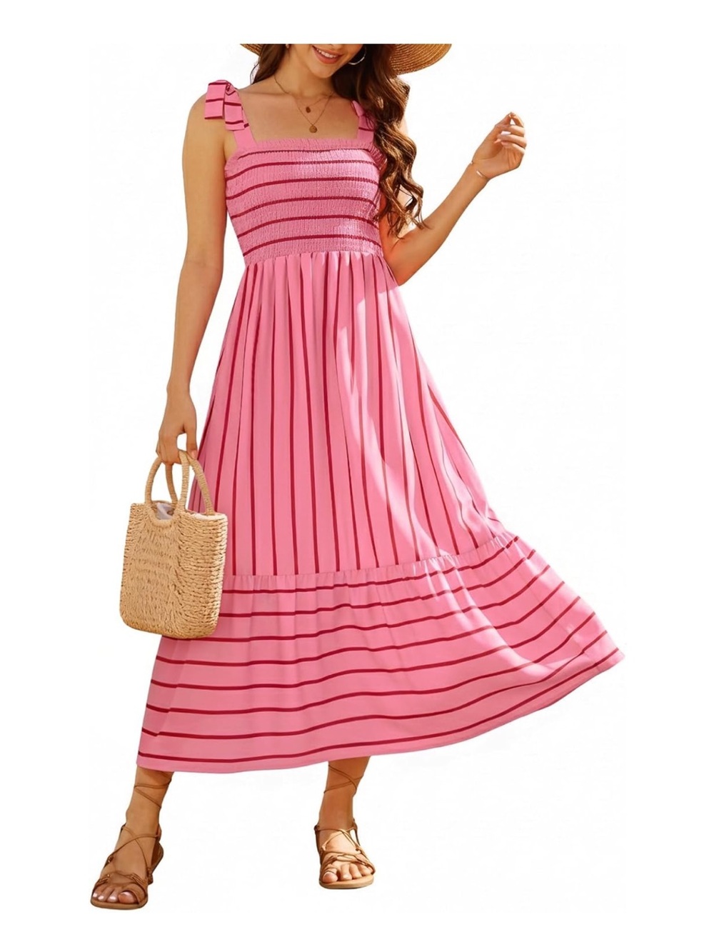 Pink Striped Smocked Bodice Maxi Dress